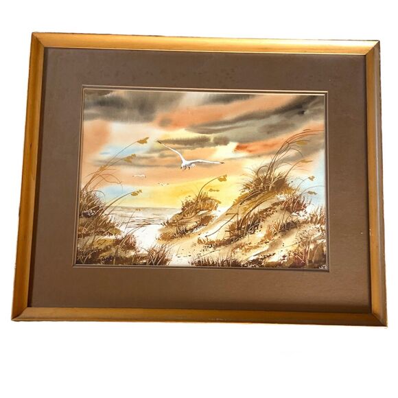 Vintage 1970s Watercolor Painting William Wm Weber Coastal Beach Framed Art